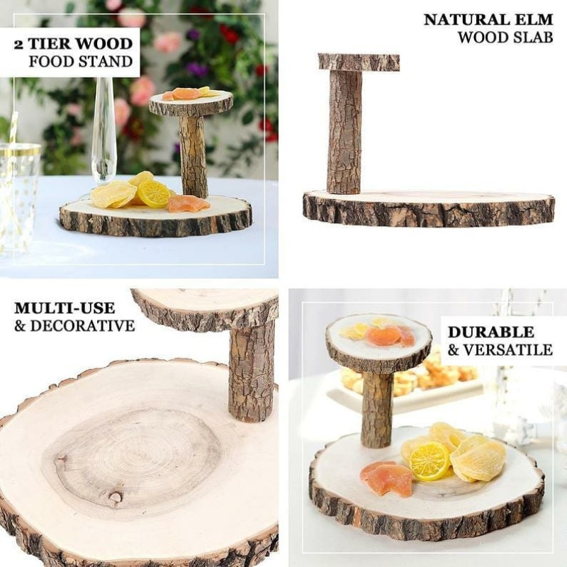 Custom 2 Tier Natural Wood Slice Slab Food Server Wooden Dessert & Cupcake Stand Wooden Round Cake Stand