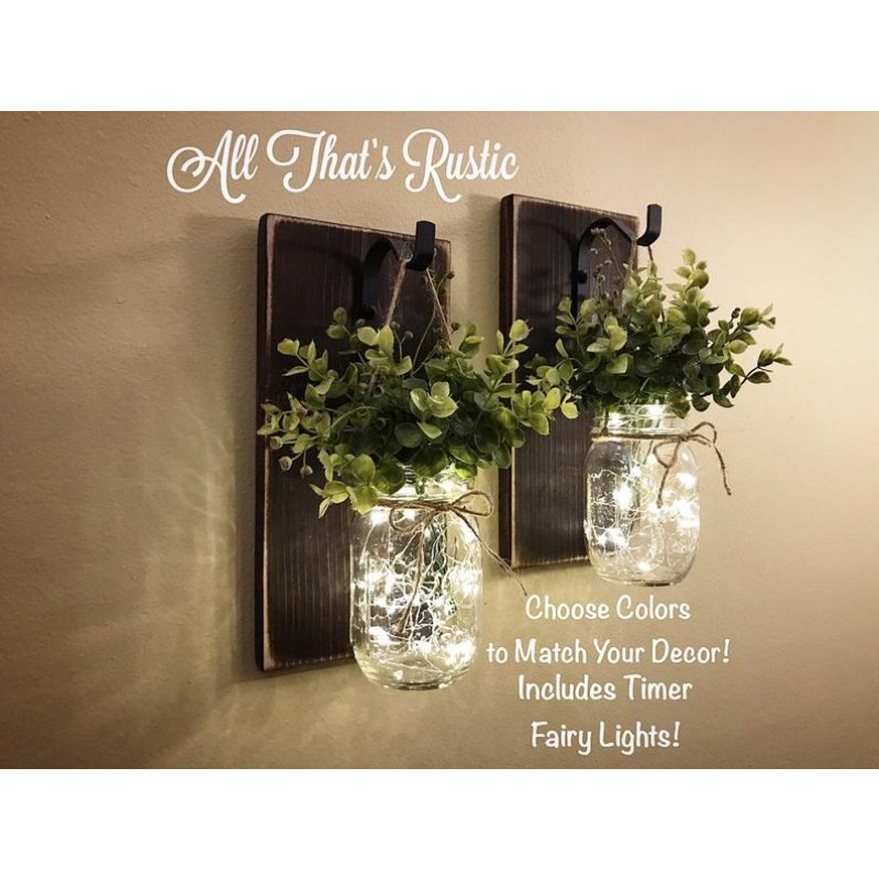 Hot Selling Rustic Wall Sconce Decor Mason Jar Wall Decor with LED Fairy Lights and Flowers