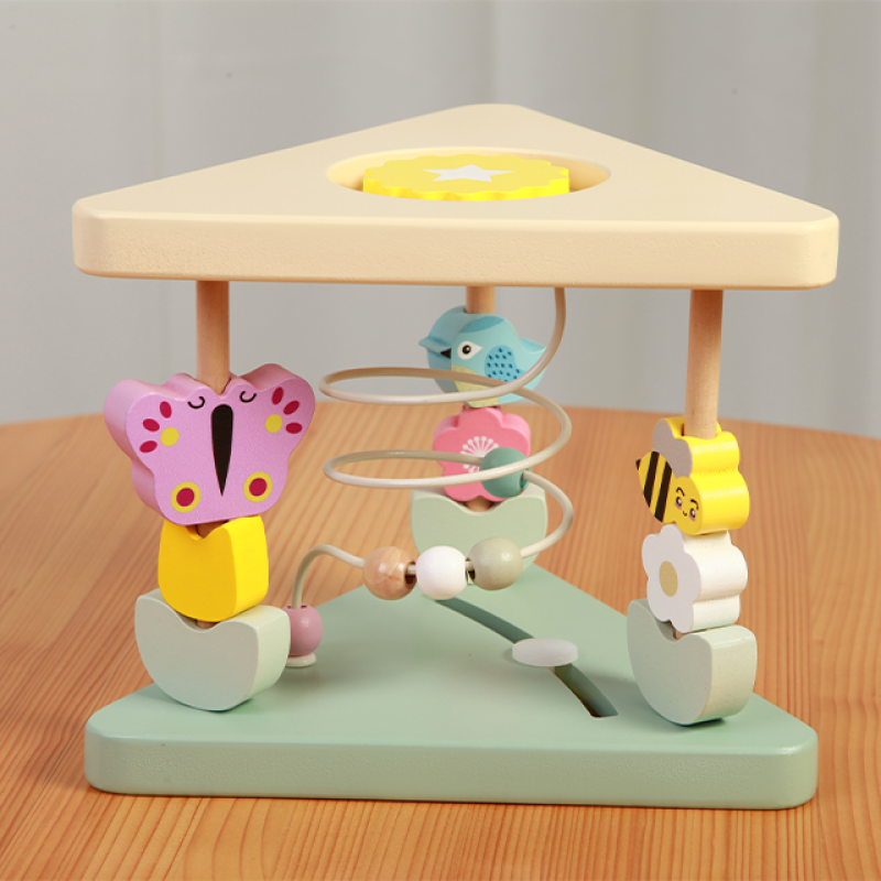 Baby Children Educational Toy Montessori Wooden Toy Wooden Ring Flower Bee Triangle Wire Bead Toy