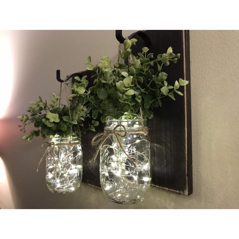 Hot Selling Rustic Wall Sconce Decor Mason Jar Wall Decor with LED Fairy Lights and Flowers