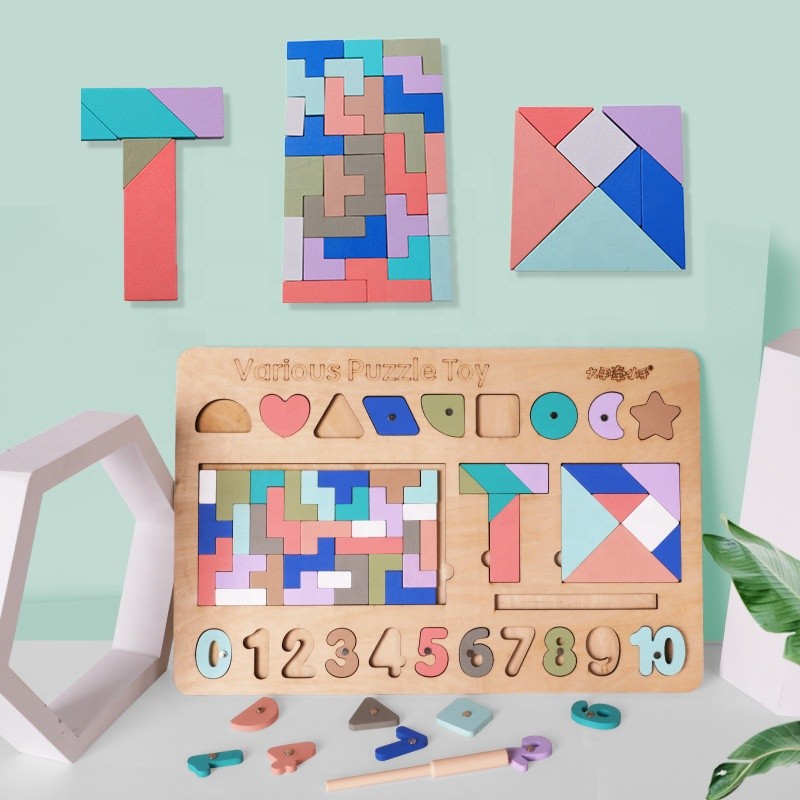 Custom Children Wooden Multi-functional Puzzle Wooden Toy Stacking Game Stacking Geometric Blocks