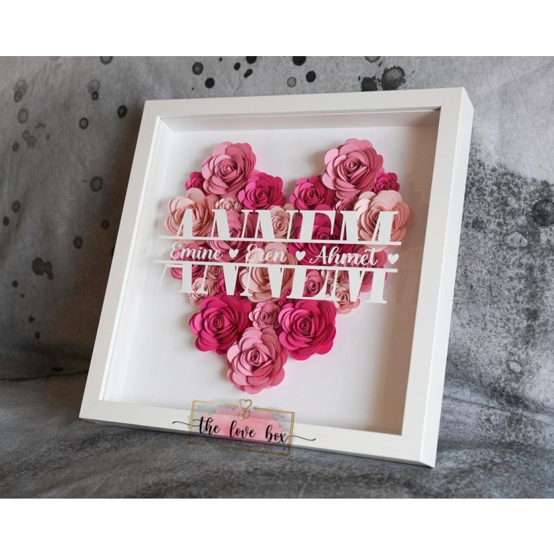 Custom Handmade Heart Shape Shadow Box with Flowers Photo Frame