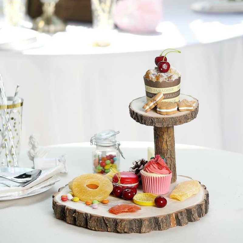 Custom 2 Tier Natural Wood Slice Slab Food Server Wooden Dessert & Cupcake Stand Wooden Round Cake Stand