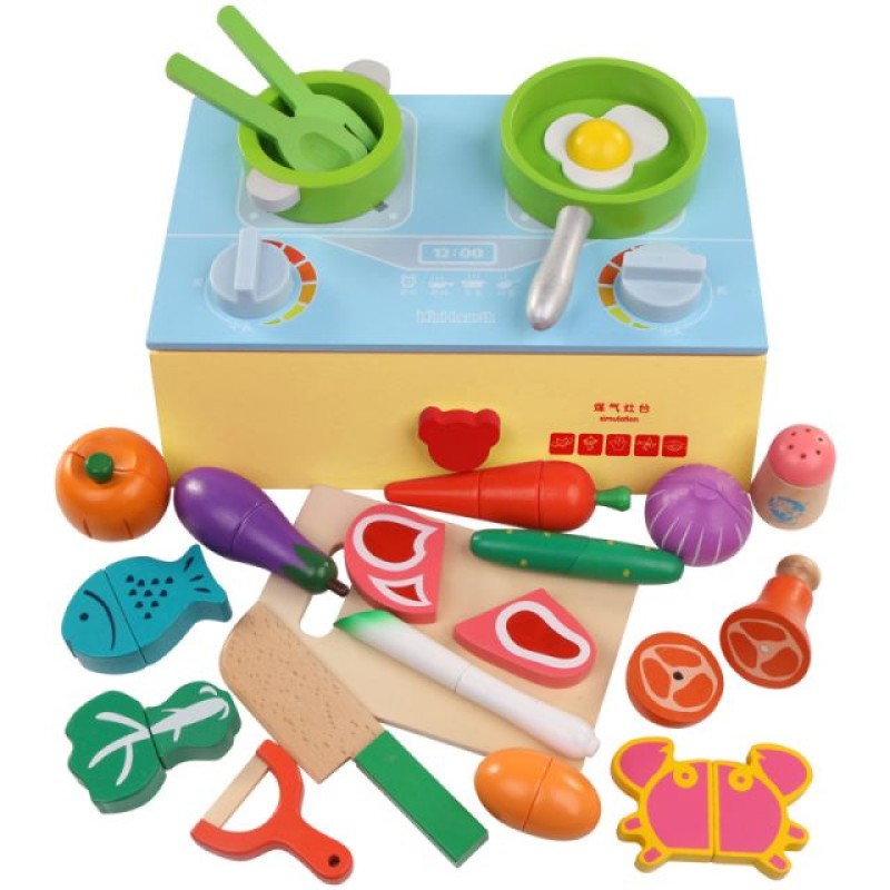 Baby Set Wooden Cooking Children Simulation Kitchen Gas Stove Household Cut Fruits Vegetables Kitchen Toy