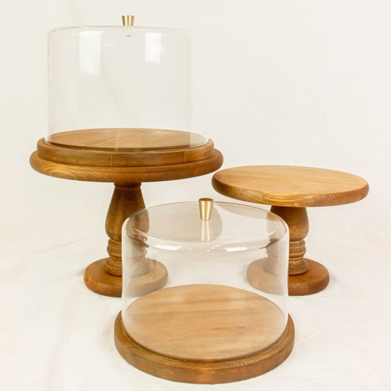 Hot Selling Luxury Wood Cake Stand with Glass Dome Cover Wood Base for Wedding Dessert Party