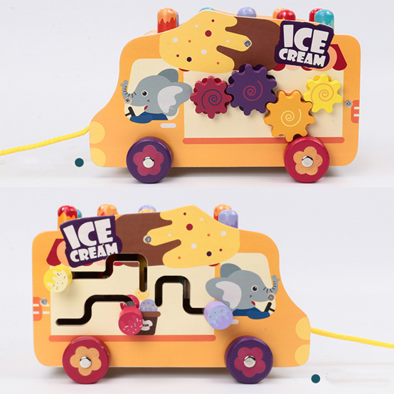 Cartoon Wooden Ice Cream Truck Mole Children Early Education Tractor-Trailer Peg Pounding Station Music Class Educational Toy