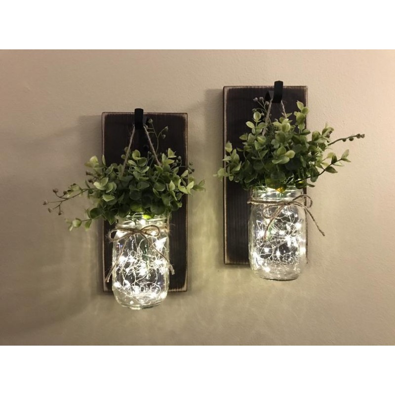 Hot Selling Rustic Wall Sconce Decor Mason Jar Wall Decor with LED Fairy Lights and Flowers