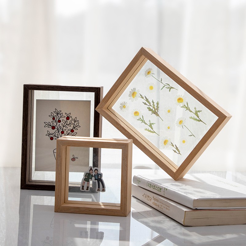 Photo Frame Wall Art Transparent Double-Sided Glass Picture Wood Frame