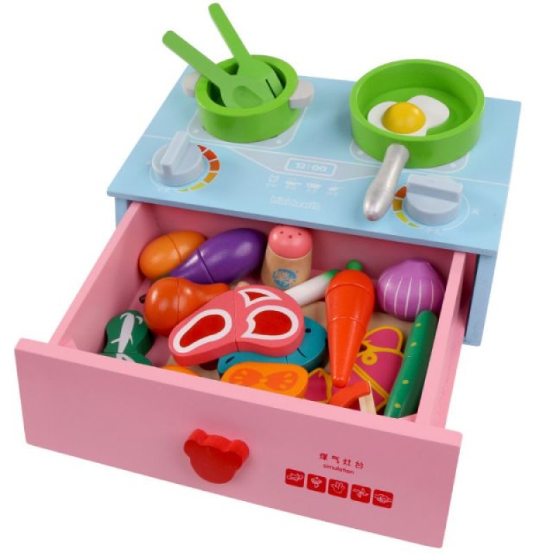 Baby Set Wooden Cooking Children Simulation Kitchen Gas Stove Household Cut Fruits Vegetables Kitchen Toy