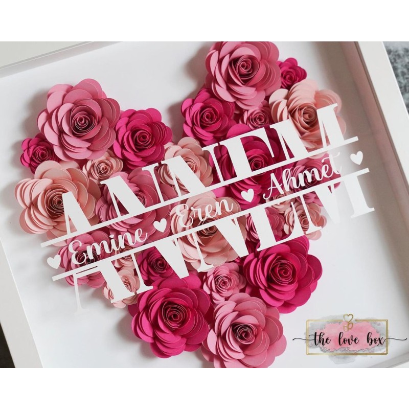 Custom Handmade Heart Shape Shadow Box with Flowers Photo Frame