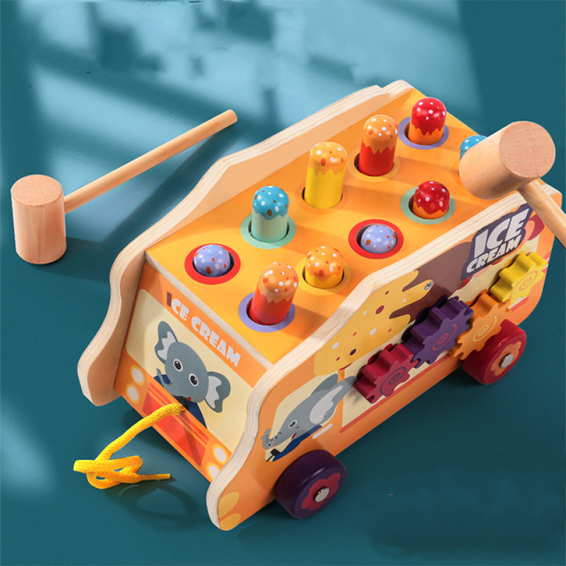 Cartoon Wooden Ice Cream Truck Mole Children Early Education Tractor-Trailer Peg Pounding Station Music Class Educational Toy