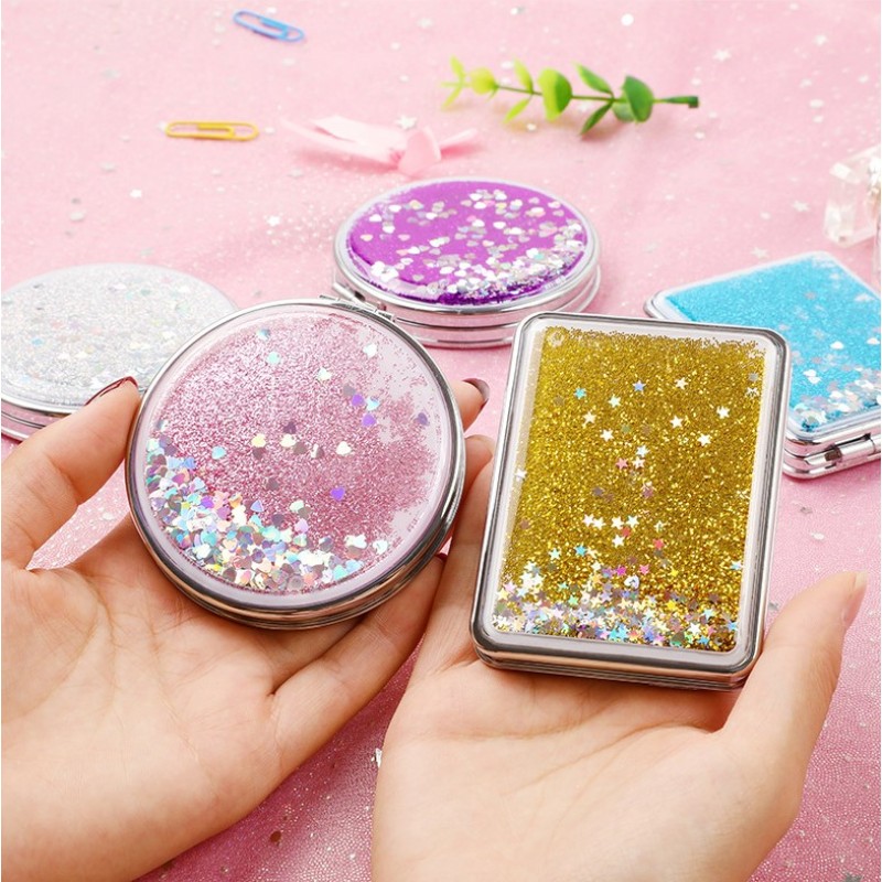 Mini Double-Sided Makeup Round Mirror Cute Girl Glitter Folding Pocket Mirror