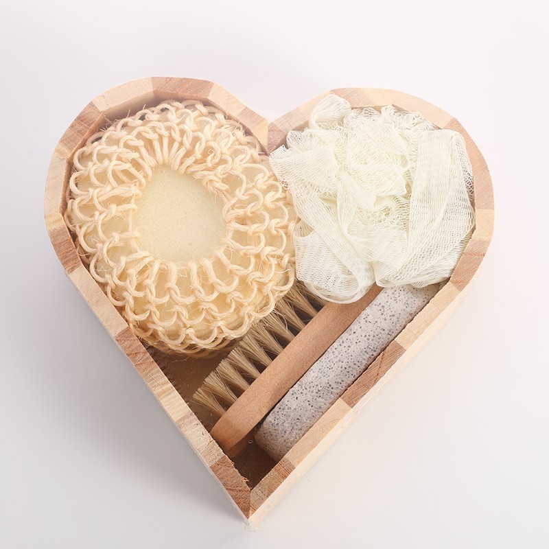 Five-Piece Bath Accessories Set Pumice Stone Hair Brush Sponge Ball Heart-Shaped Wooden Box Human Body Foot Spa Men & Women Gift