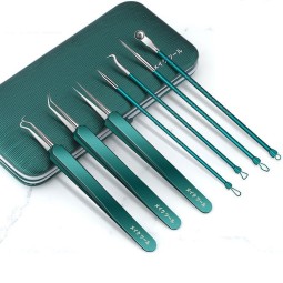 Pimple Tool Label Printing Acne Popper with Mirror Facial Extractor Stainless Steel Pimple Needle Blackhead Tweezers Set