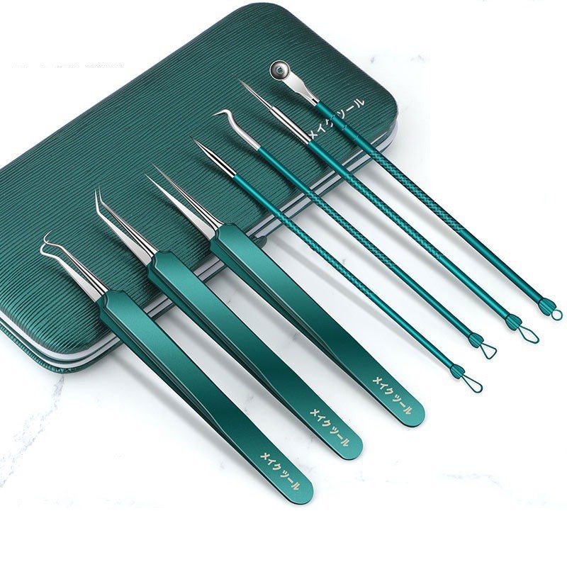 Pimple Tool Label Printing Acne Popper with Mirror Facial Extractor Stainless Steel Pimple Needle Blackhead Tweezers Set