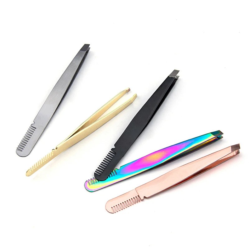 Stainless Steel Slant Tip with Comb Eyebrow Tweezer Eyebrow Trimmer False Eyelash Applicator Stick Double Eyelid Beauty Tool