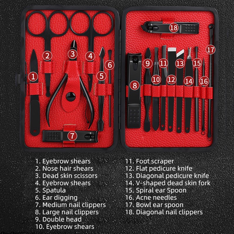 18PCS Manicure Set Pedicure Set Nail Clipper Stainless Steel Cuticle Clipper Nail Clipper Trimming Tool with PU Case Kit