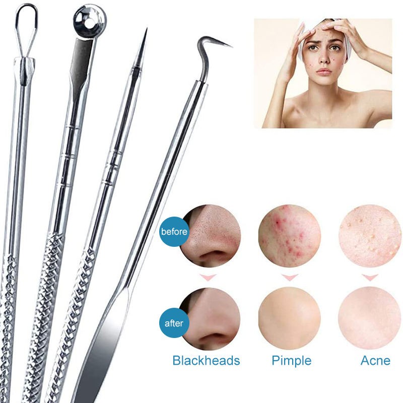 4pcs/set Acne Blackhead Popper Tool Stainless Steel Pimple Comedone Extractor Facial Cleaner Beauty Face Cleaning Care Tool