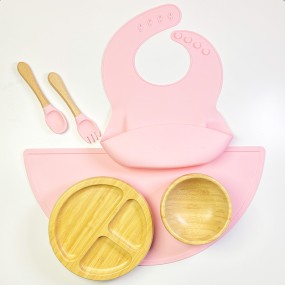 Cheap Baby Food Silicone Divider Plate and Bib Wooden Suction Silicone Baby Plate