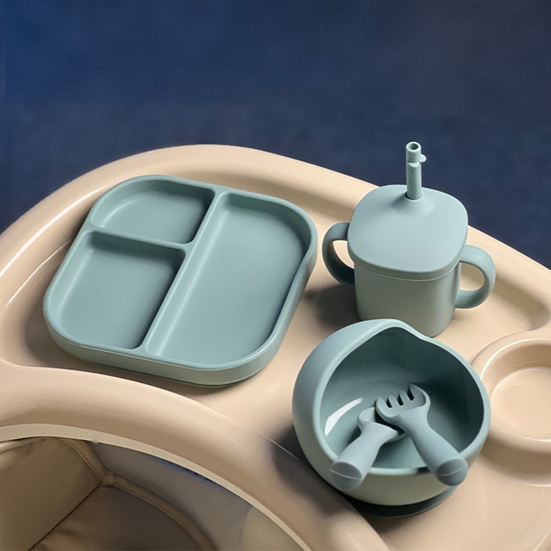 Food-Grade Silicone Blue Silicone Baby Plate Baby Feeding Set Baby Bamboo Suction Plate