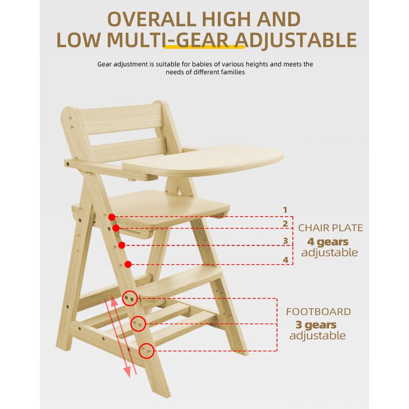 Montessori Adjustable Height Detachable Children's Wood Rolling Feeding Children's Dining Baby High Chair