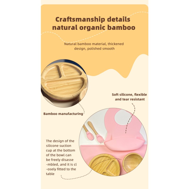 Cheap Baby Food Silicone Divider Plate and Bib Wooden Suction Silicone Baby Plate