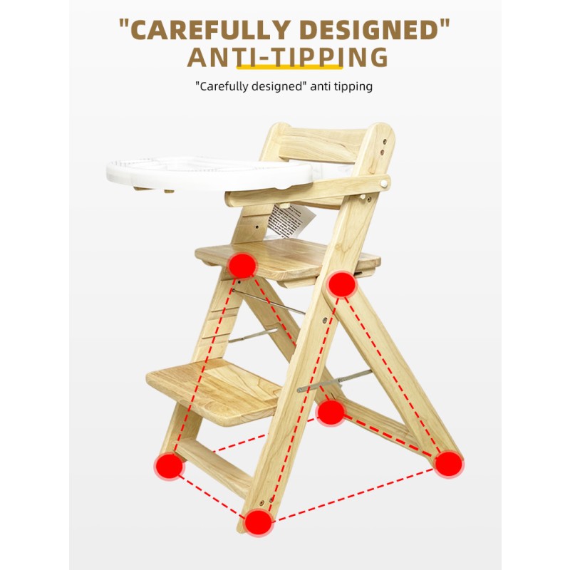Stock Natural Wood Multifunctional Dining Children's Foldable Feeding Restaurant Baby High Chair