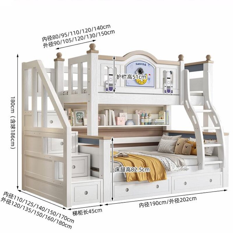 Full White Mattress Modern Boys Girls Wooden Children's Bunk Bed with Storage