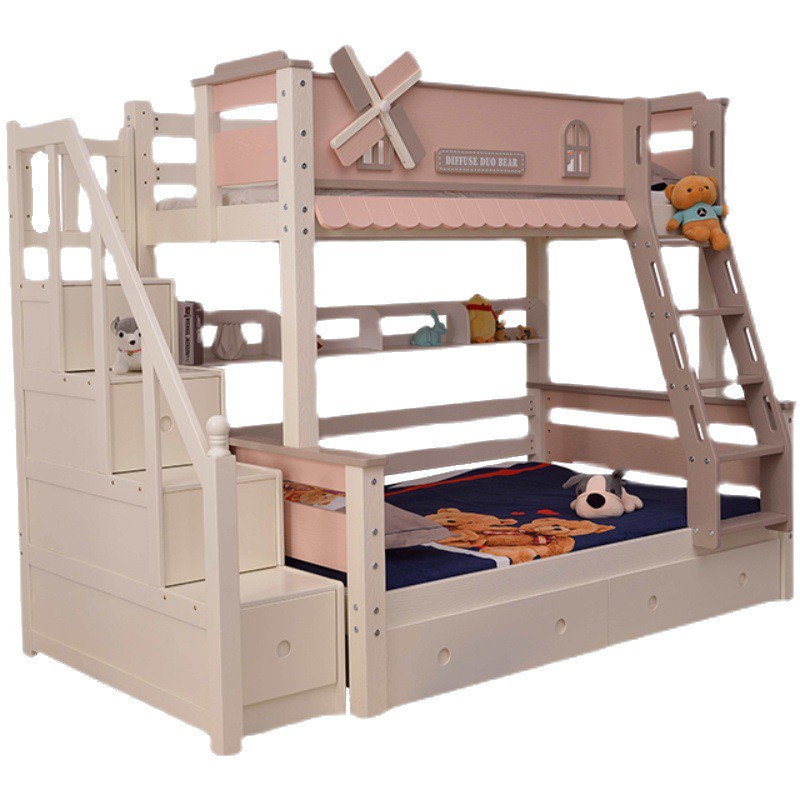 Modern Double Bed Guesthouse Murphy Blue Pink Storage Pine Wood Toddler Bunk Bed for Boys
