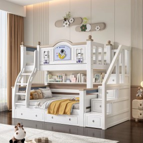 Full White Mattress Modern Boys Girls Wooden Children's Bunk Bed with Storage