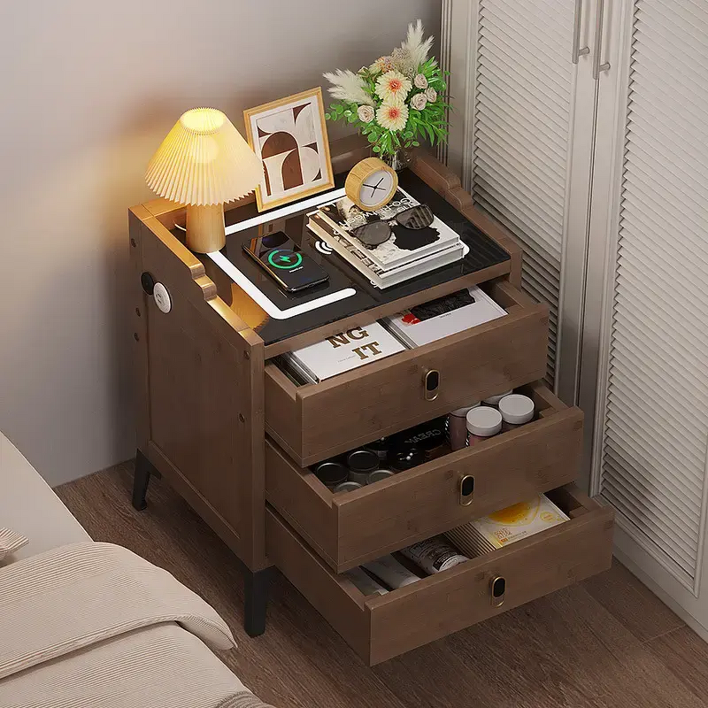 3-Drawer Bedroom Organizer Wooden Nightstand Wood LED Smart Nightstand with Charging Station