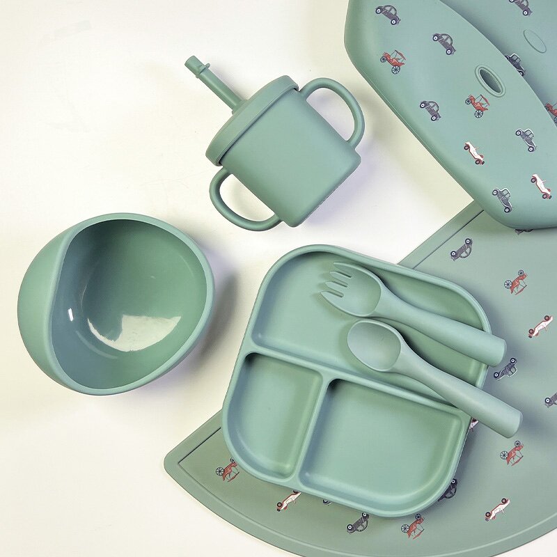 Food-Grade Blue Baby Accessories Set Silicone Plate Set Baby Feeding Silicone Baby Tableware