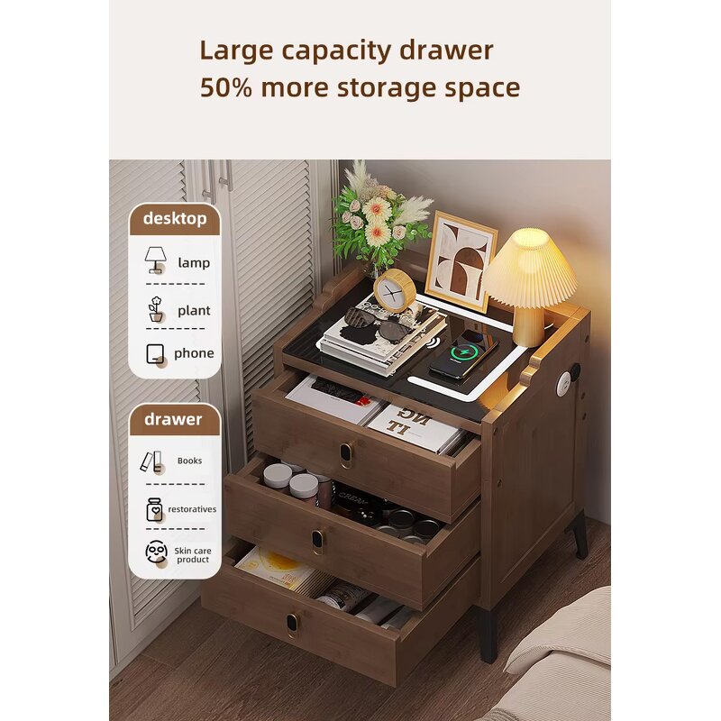 3-Drawer Bedroom Organizer Wooden Nightstand Wood LED Smart Nightstand with Charging Station