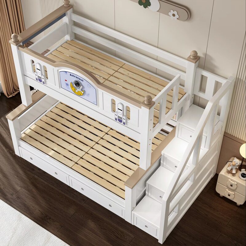 Full White Mattress Modern Boys Girls Wooden Children's Bunk Bed with Storage