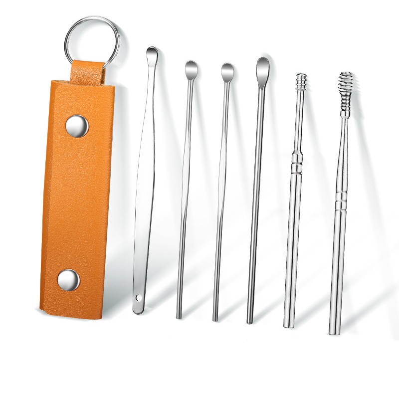 Custom Logo 6 Pcs Earwax Removal Kit Earwax Cleaning Tool Earwax Set with PU Leather
