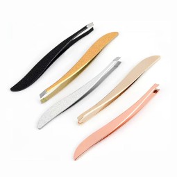 Custom Logo Gold Silver Stainless Steel Eyelash Extension Slanted Brow Tweezers Banana Shape Tweezers Makeup Tool