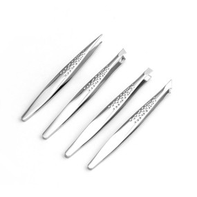Custom Stainless Steel Makeup Tweezers 4 Pcs 5 Pcs Silver Slanted Tip Eyelash Brow Tweezers Set with Box