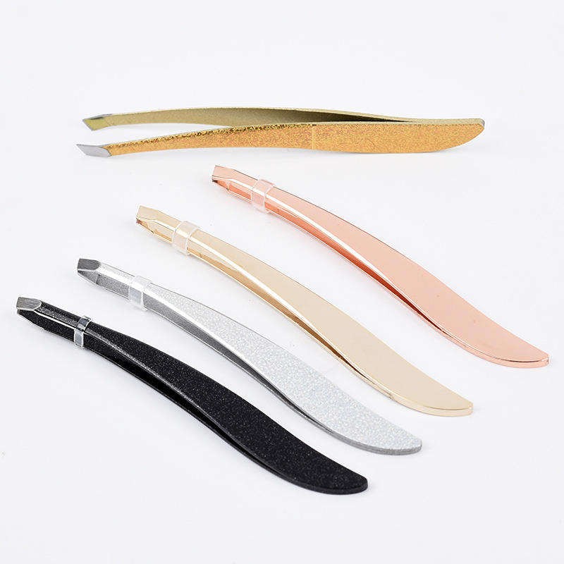 Custom Logo Gold Silver Stainless Steel Eyelash Extension Slanted Brow Tweezers Banana Shape Tweezers Makeup Tool