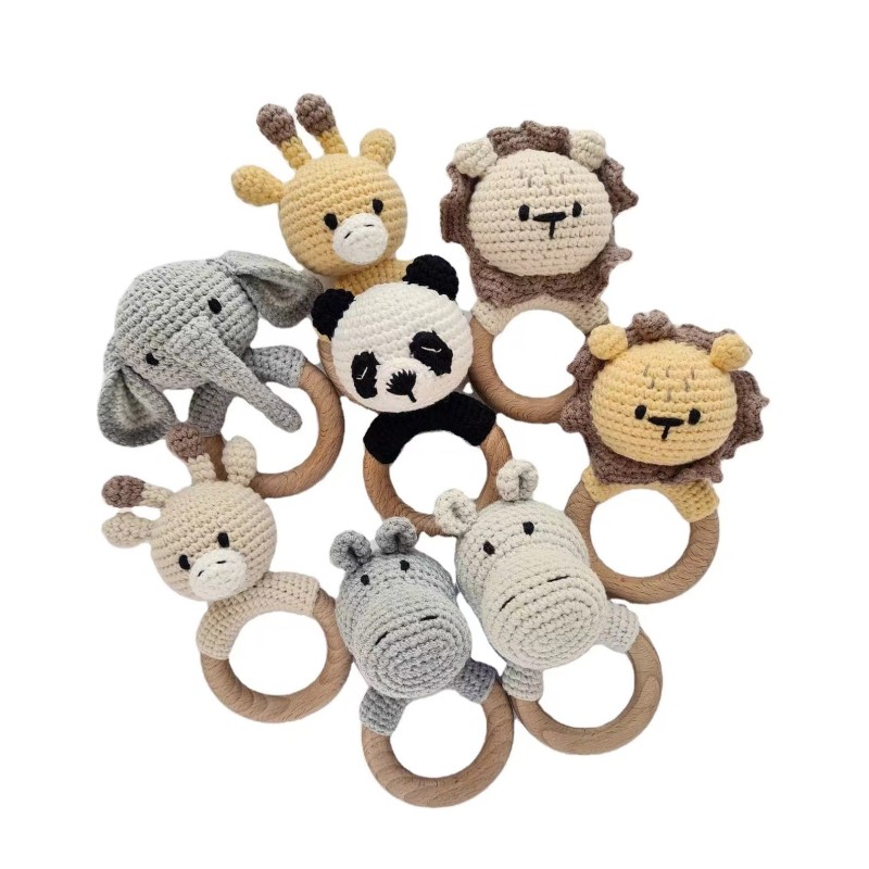 Baby Animal Handmade Rattle Organic Cotton Comfort Toy Beech Wood Handmade Newborn Teething Toy Gift