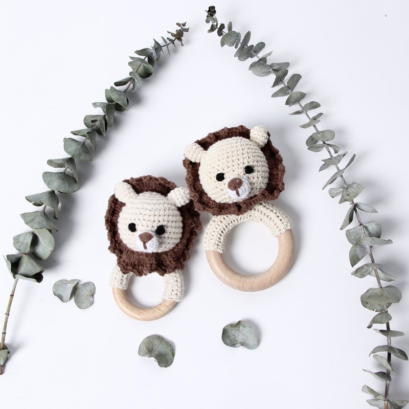 Baby Animal Handmade Rattle Organic Cotton Comfort Toy Beech Wood Handmade Newborn Teething Toy Gift