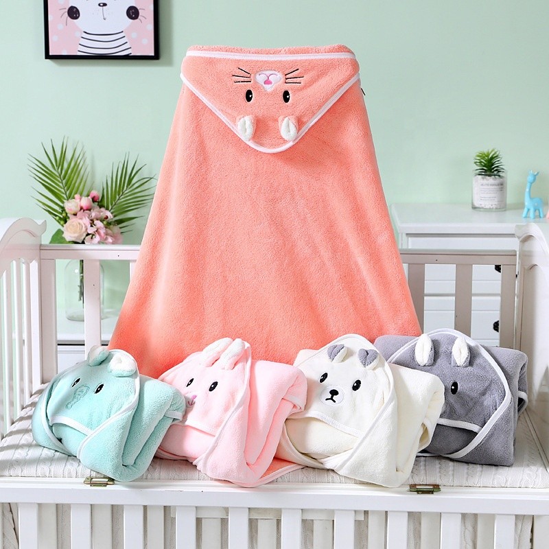 High Quality Durable Use Various Cute Cat Design Quick-Dry Coral Fleece Large Hood Baby Bath Towel