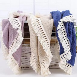 Soft Breathable Ultra-Soft Blanket Muslin Crinkle Cotton Swaddle Blanket With Fringe For Toddler Newborn
