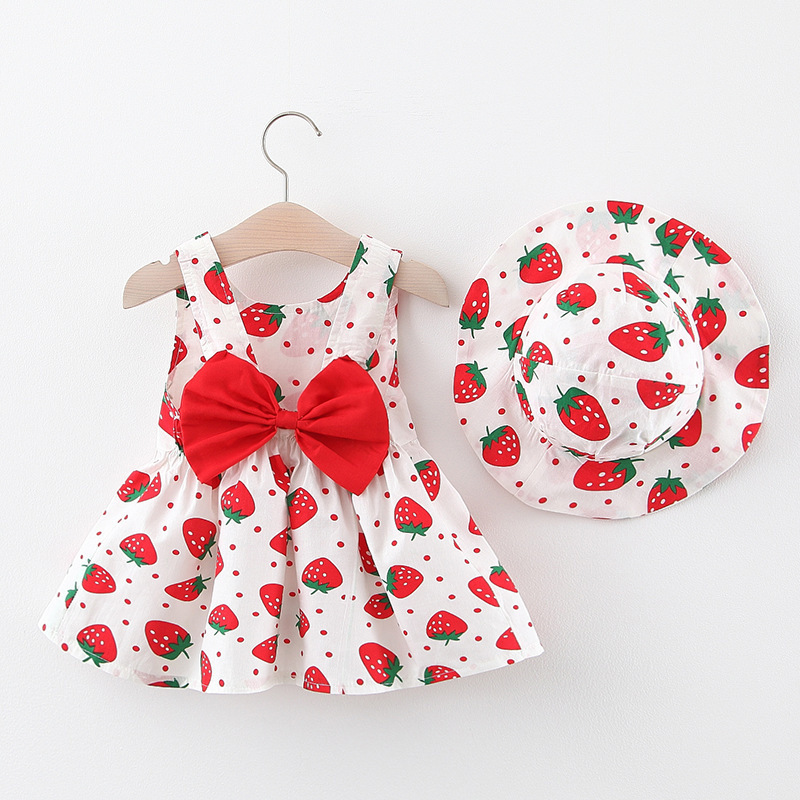 Wholesale Girl Children Dress Fresh Style Large Strawberry Print Dress with Hat Children Dress Bow Summer Princess