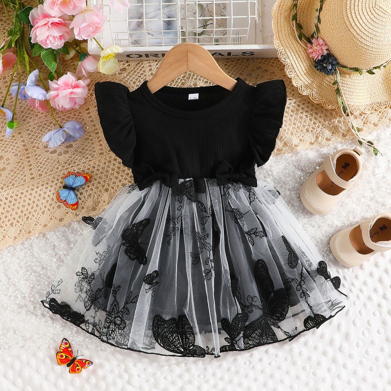 Summer Bebe Filles Enfant Tulle Butterfly Print Niche Dress Children's Clothing Baby Swing Flutter Sleeve Toddler Short Dress Dress Red