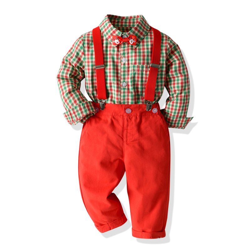 Christmas Children Set Boy Plaid Shirt Bow Overalls Party Dress Formal Wear Children's Clothing Set Natal Clothing De Noel