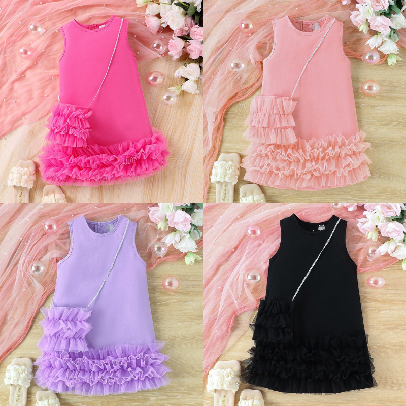 New Summer Trend Children's Clothing Cross-Over Medium Small Children Girl Sleeveless Mesh Tiered Dress Dress Set