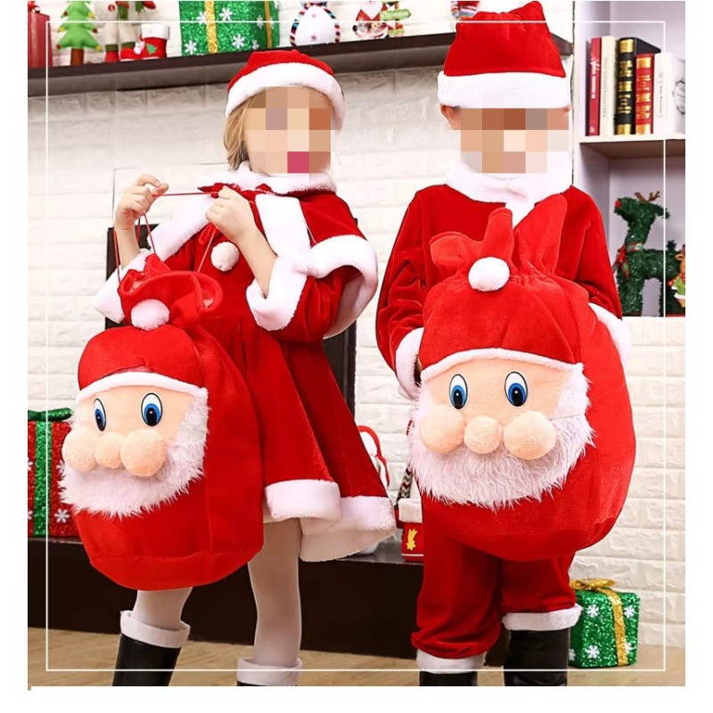 Christmas Children Role-Play Santa Claus Costume Cheap Puffy Dress Set Cartoon Backpack Red Hat Christmas Costume Children