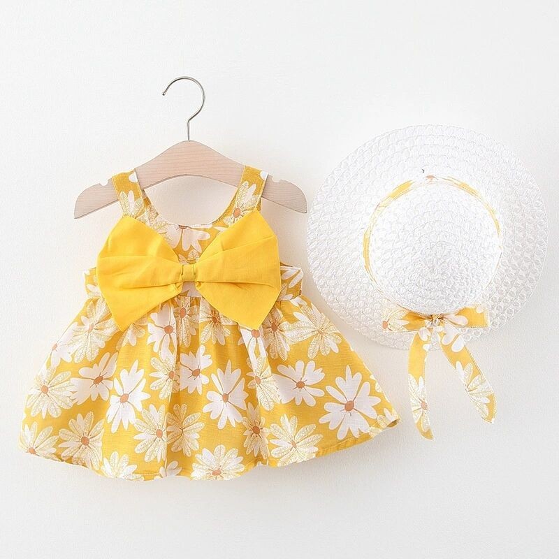 Summer New Baby Girl Vest Chest Large Bow Floral Dress with Hat 6 Months Baby Summer Dress Princess Dress 0-2 Years Girl Print
