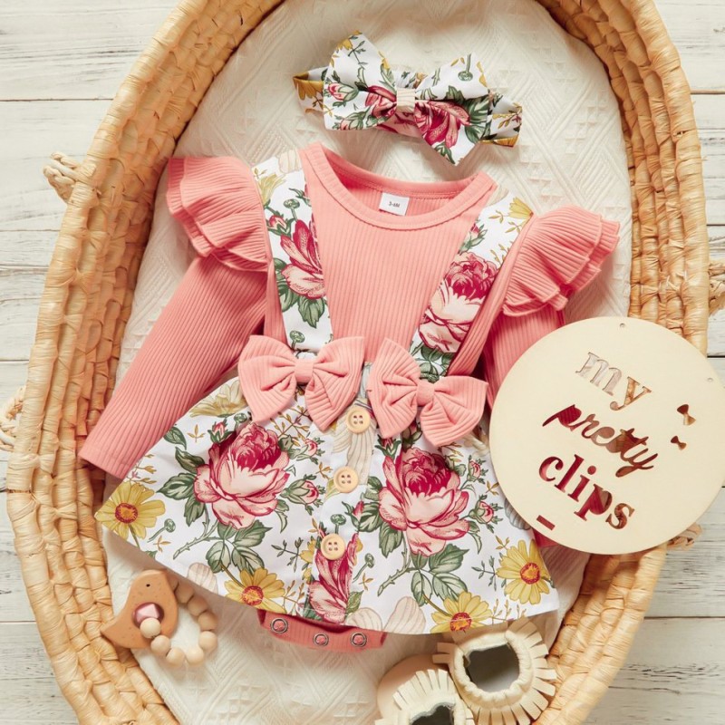 Baby Long Sleeve Triangle Romper Bow Tie Overalls Skirt European & American Plant Floral Set Skirt Supply Baby Girl