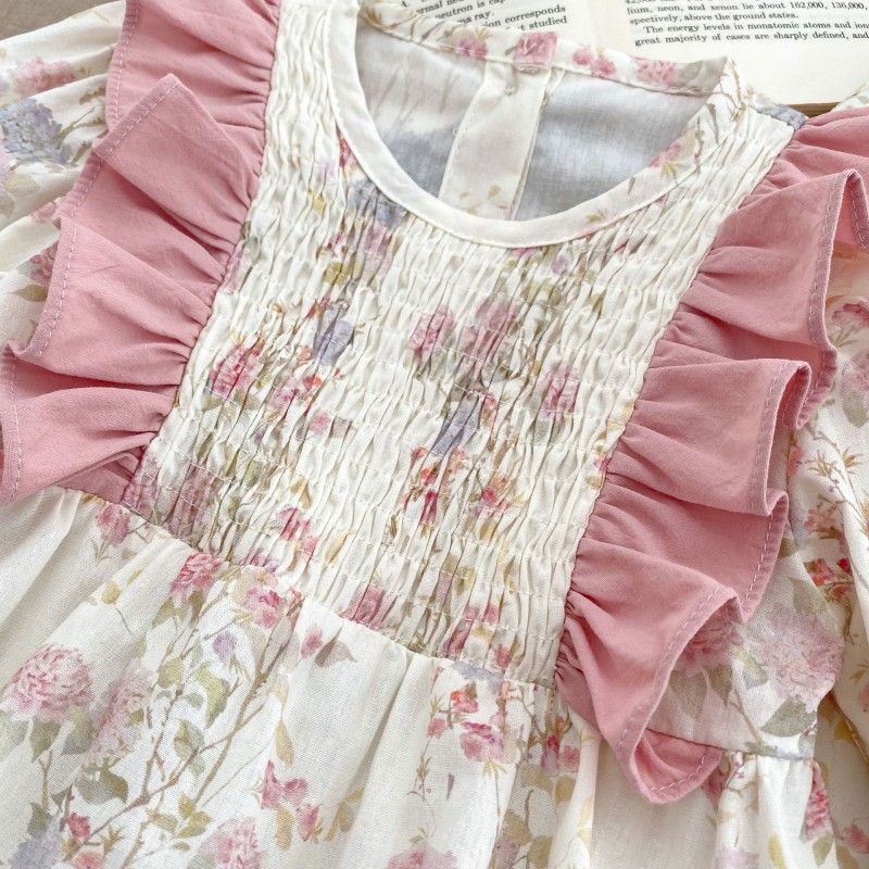 Spring New French Floral Long Sleeve Bodysuit Fashion Style Bodycon Clothes Suit Baby Girl Dress